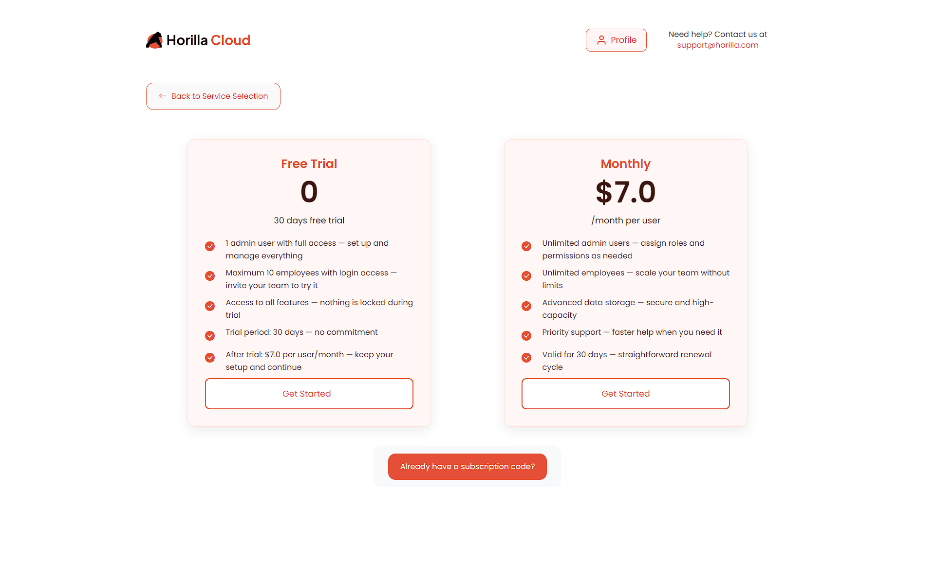 Subscription Plan Selection